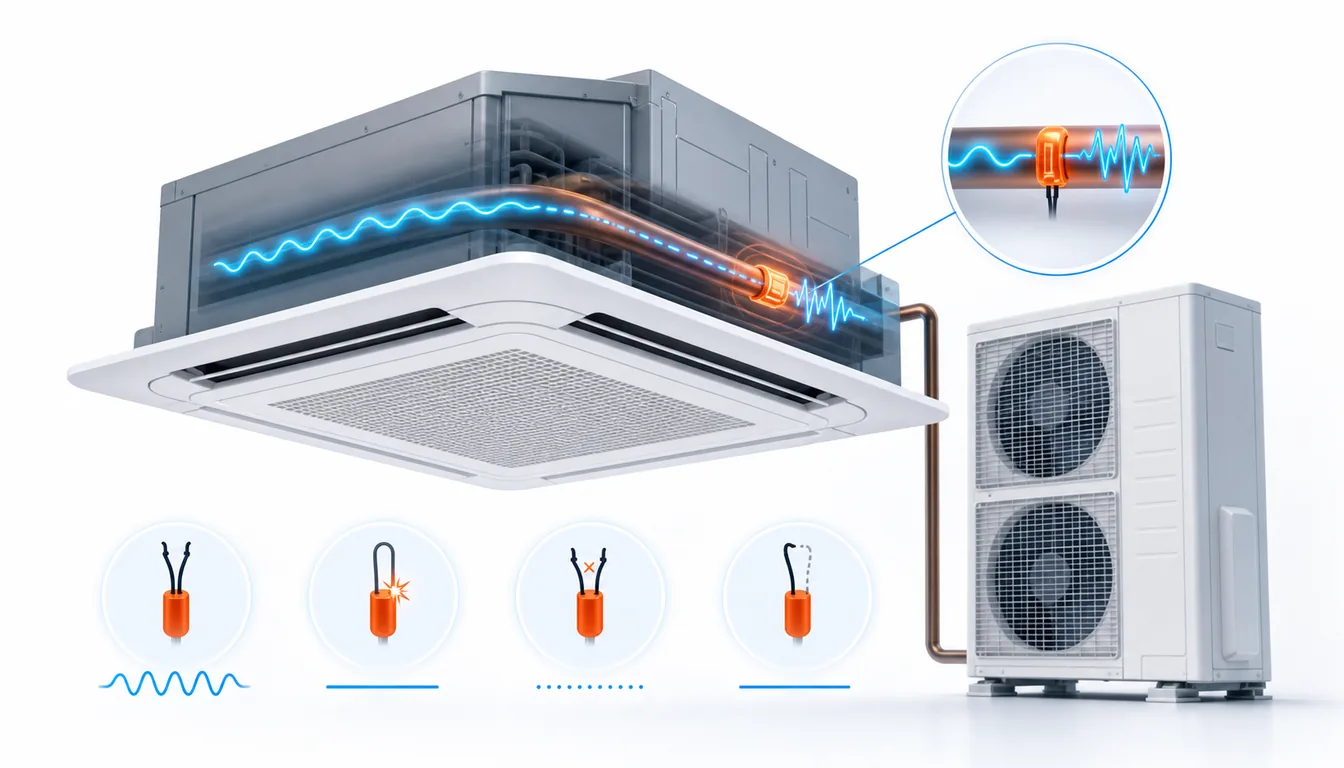 Schéma de diagnostic montrant une thermistance de tuyau gaz Daikin VRV en défaut dans une unité intérieure fermée.