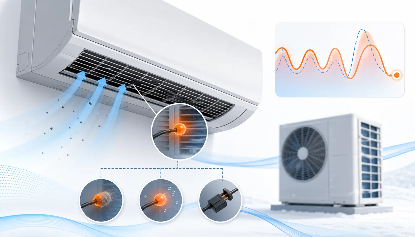 Schéma de diagnostic montrant une thermistance d’air repris Daikin VRV en anomalie à l’entrée de l’unité intérieure.