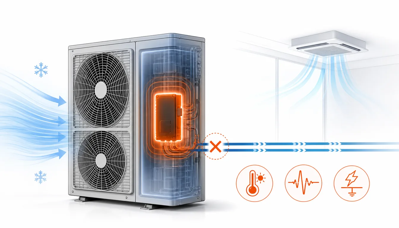 Schéma de diagnostic montrant un dispositif de protection d’unité extérieure Daikin VRV déclenché.