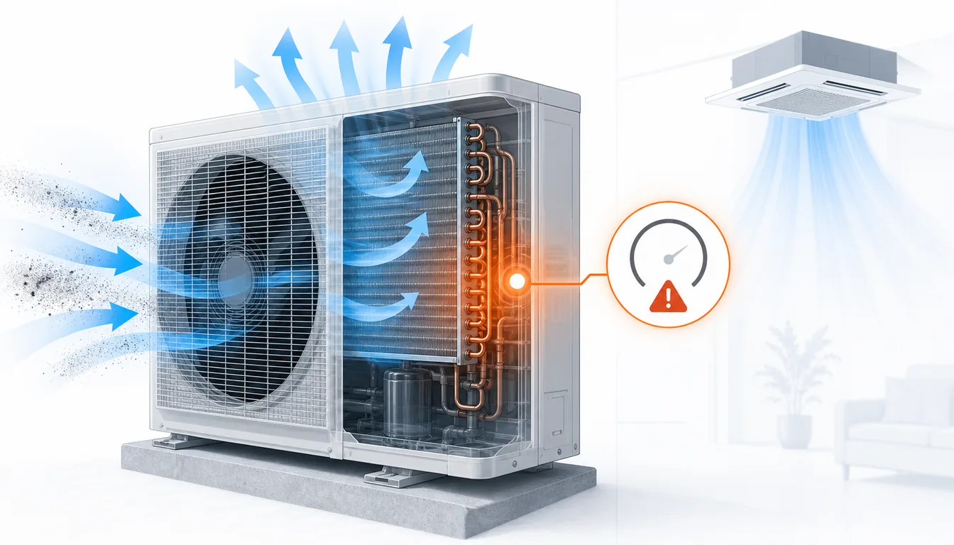 Schéma de diagnostic montrant un pressostat haute pression Daikin VRV déclenché côté unité extérieure.