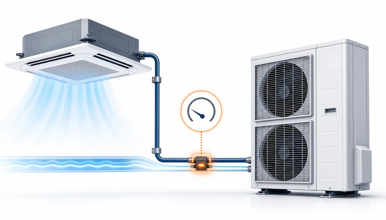 Schéma de diagnostic montrant un capteur basse pression Daikin VRV sur une ligne frigorifique scellée.