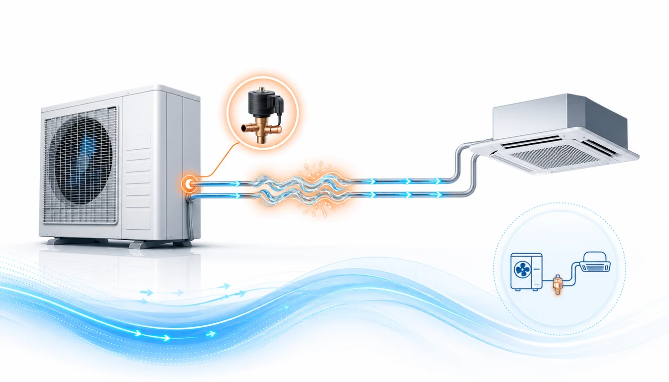 Schéma de diagnostic montrant un détendeur électronique extérieur Daikin VRV avec débit frigorifique instable.