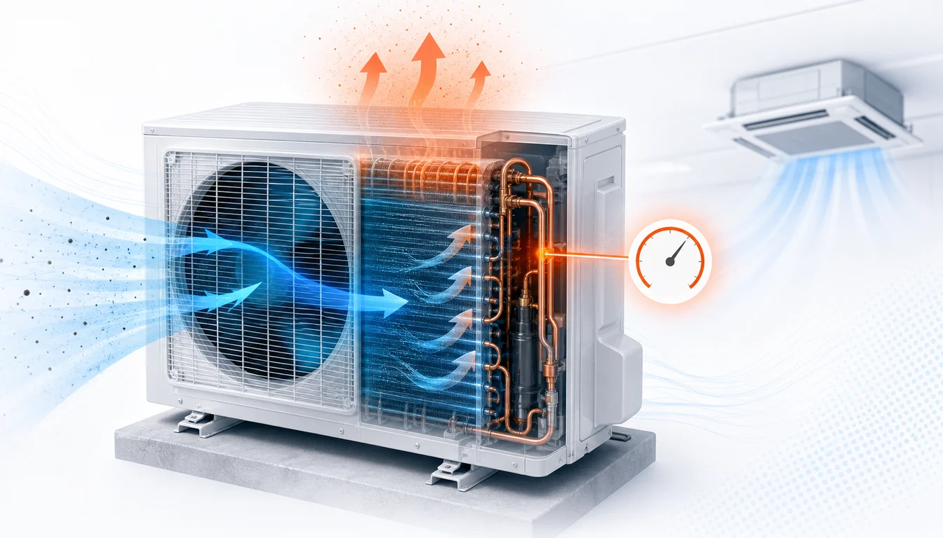 Schéma de diagnostic montrant une pression anormale élevée sur le condenseur extérieur Daikin VRV.