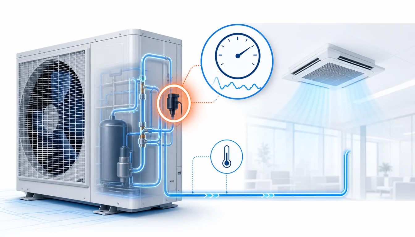 Schéma de diagnostic montrant un capteur de pression Daikin VRV sur le circuit frigorifique extérieur.