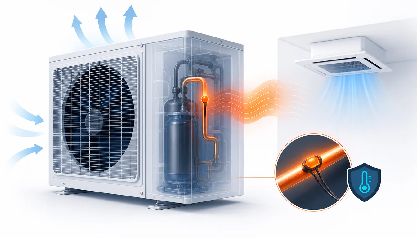 Schéma de diagnostic montrant une thermistance de refoulement Daikin VRV en défaut sur la ligne chaude.