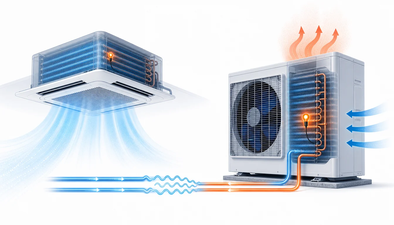Schéma de diagnostic montrant une thermistance d’échangeur Daikin VRV sur les serpentins intérieur et extérieur.