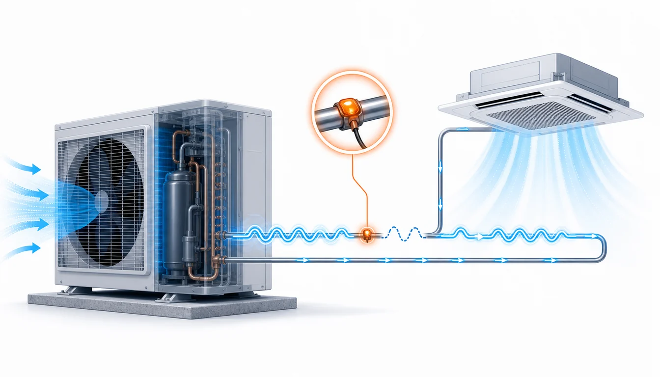 Schéma de diagnostic montrant une thermistance de tuyau liquide Daikin VRV sur une ligne frigorifique scellée.