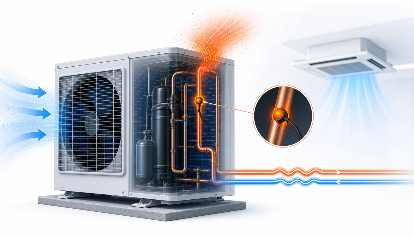 Schéma de diagnostic montrant une thermistance de tuyau gaz Daikin VRV sur la ligne chaude extérieure.