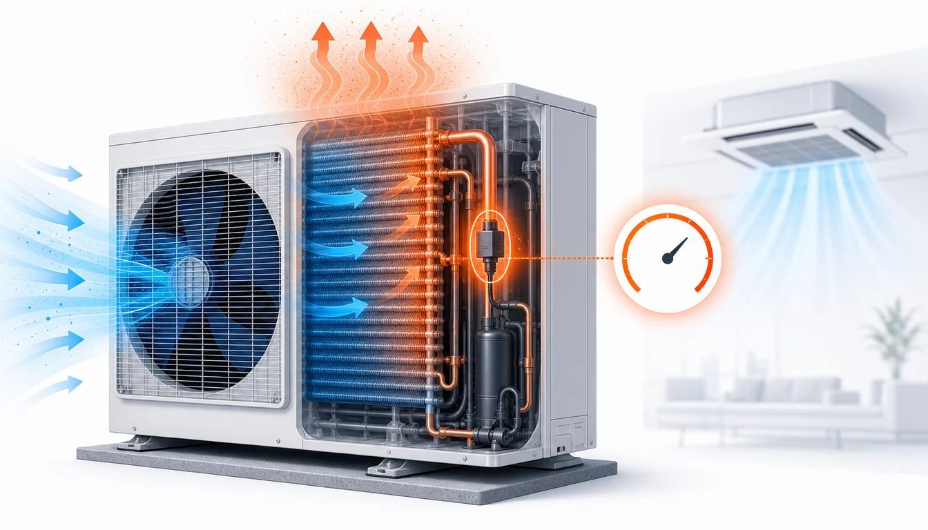Schéma de diagnostic montrant un capteur haute pression Daikin VRV côté refoulement unité extérieure.