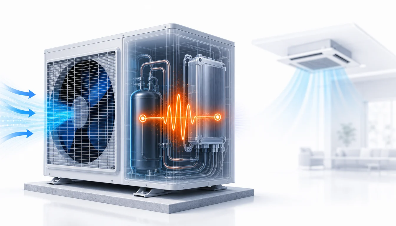 Schéma de diagnostic montrant un module inverter extérieur Daikin VRV en défaut près du compresseur.