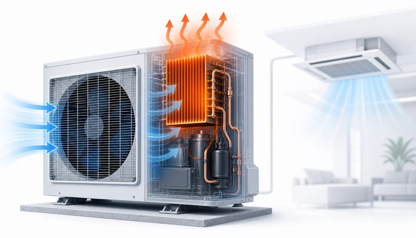 Schéma de diagnostic montrant un dissipateur inverter Daikin VRV en surchauffe dans l’unité extérieure.