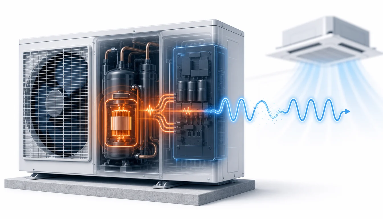 Schéma de diagnostic montrant un défaut d’isolement moteur compresseur Daikin VRV et module de puissance.
