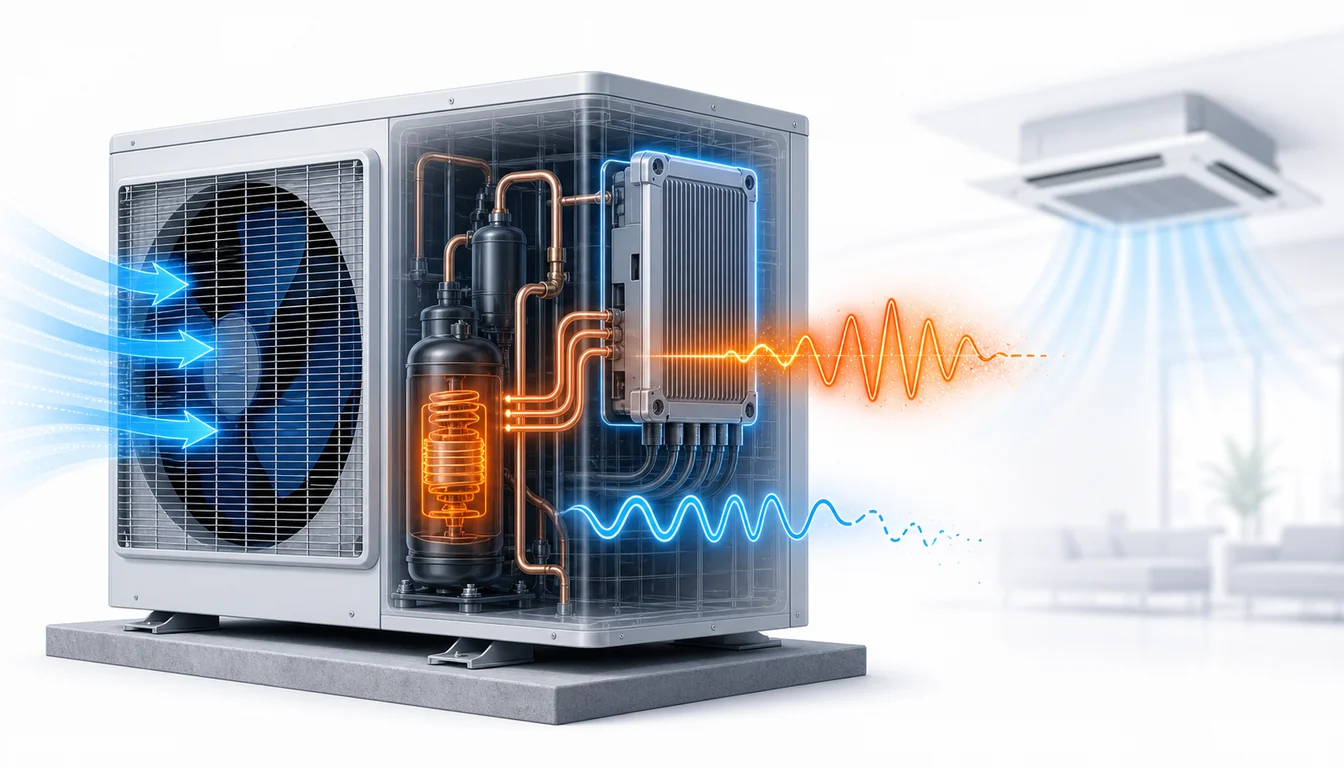 Schéma de diagnostic montrant une surcharge compresseur Daikin VRV avec signal inverter interrompu.