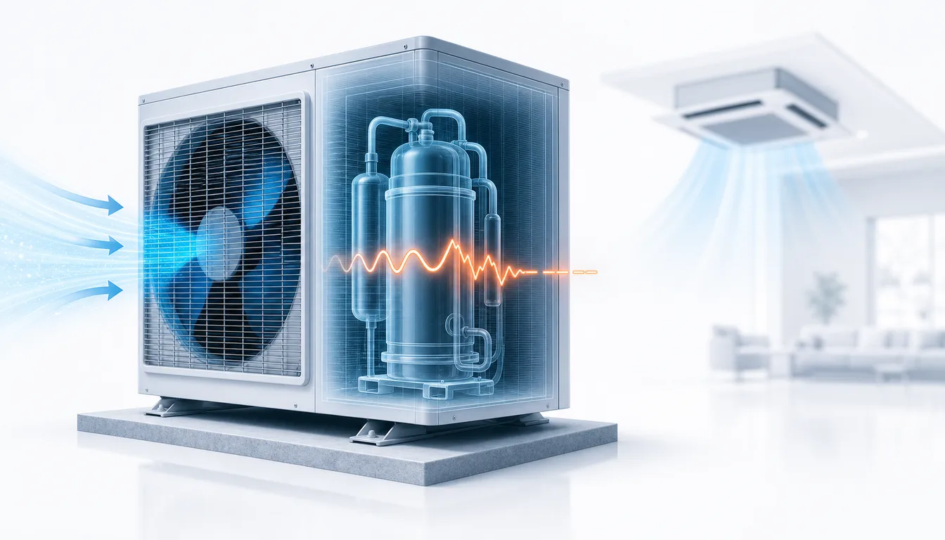 Schéma de diagnostic montrant un compresseur Daikin VRV bloqué au démarrage dans une unité extérieure fermée.
