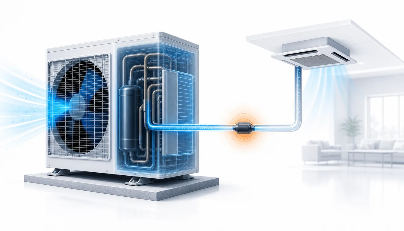 Schéma de diagnostic montrant un débit frigorifique affaibli par manque de réfrigérant sur un système Daikin VRV.