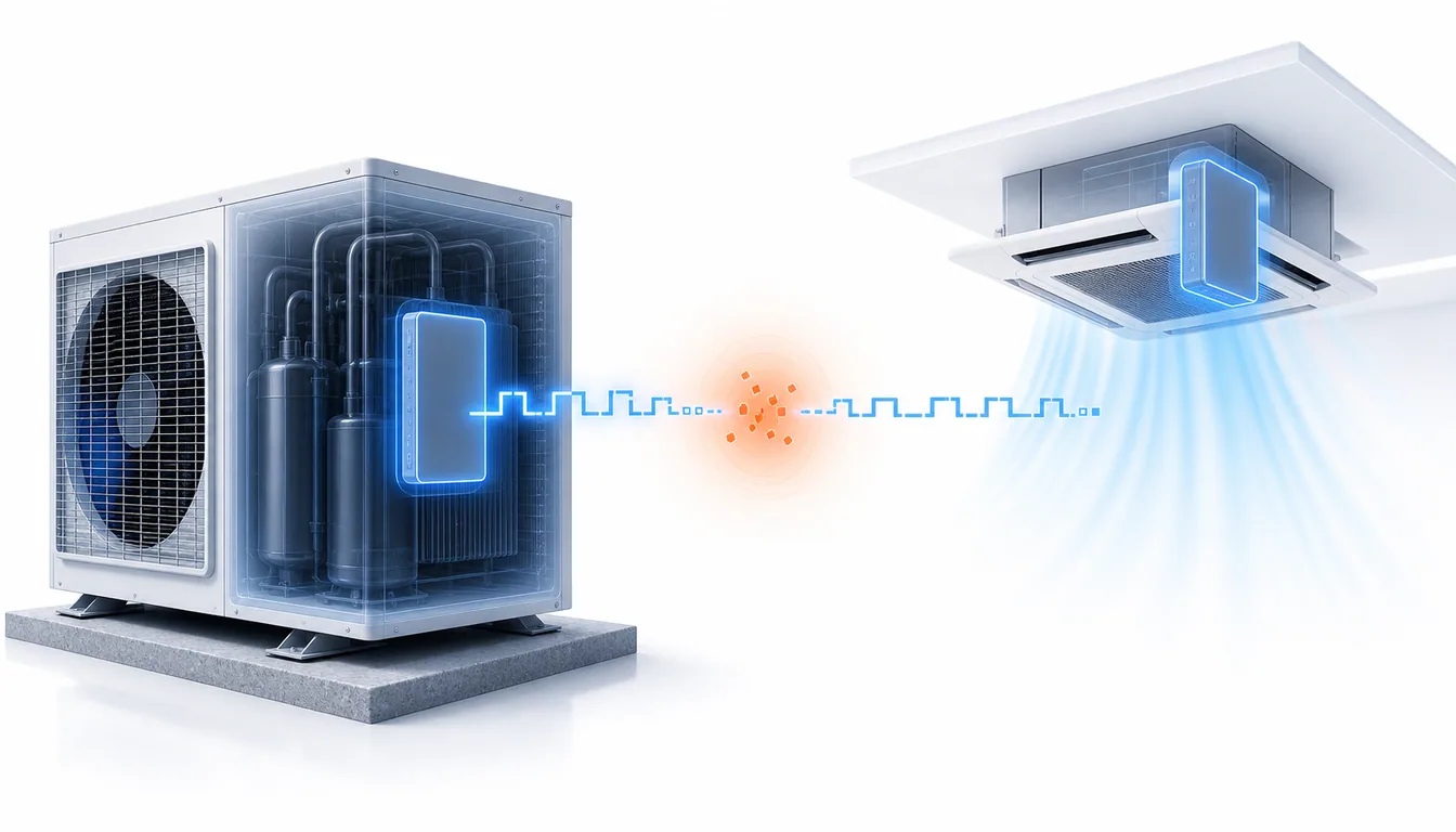 Schéma de diagnostic montrant une interruption de communication entre unité intérieure et extérieure Daikin VRV.