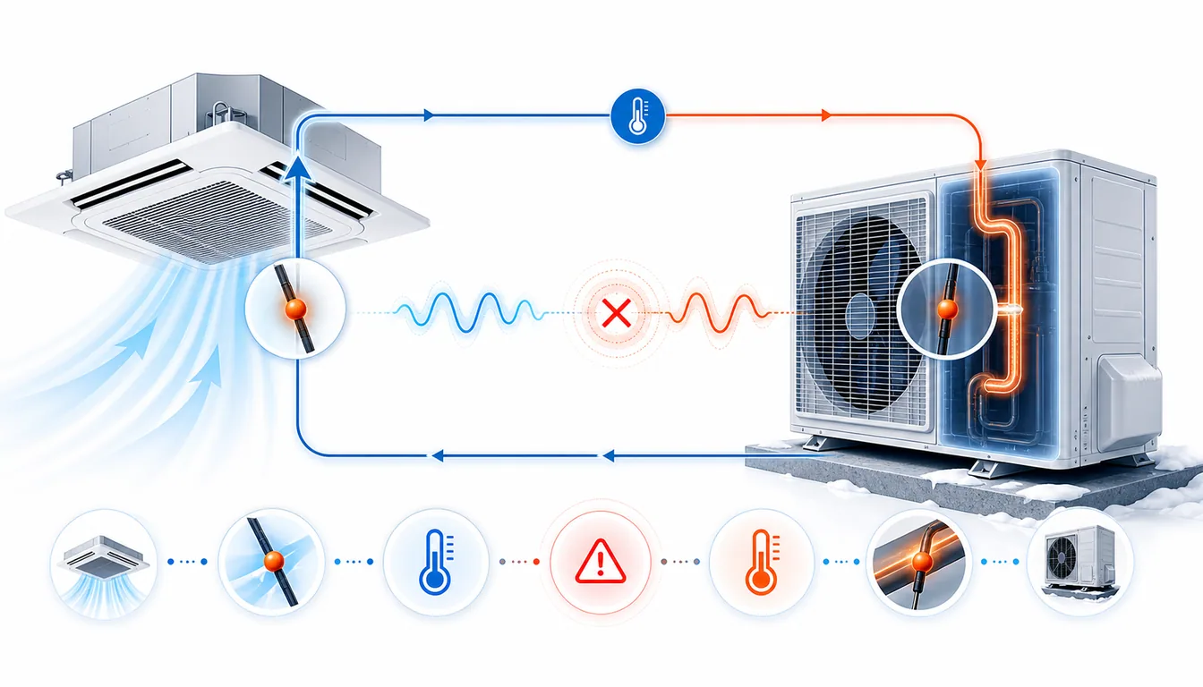 Schéma de diagnostic montrant une chaîne de thermistances Mitsubishi City Multi ou Mr Slim entre reprise d’air et refoulement.