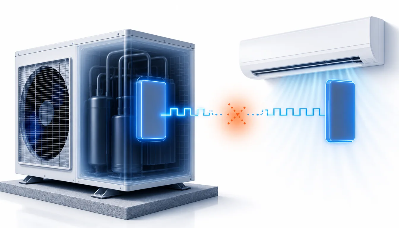 Schéma de diagnostic montrant une perte de communication série entre unité intérieure et extérieure Mitsubishi Mr Slim.
