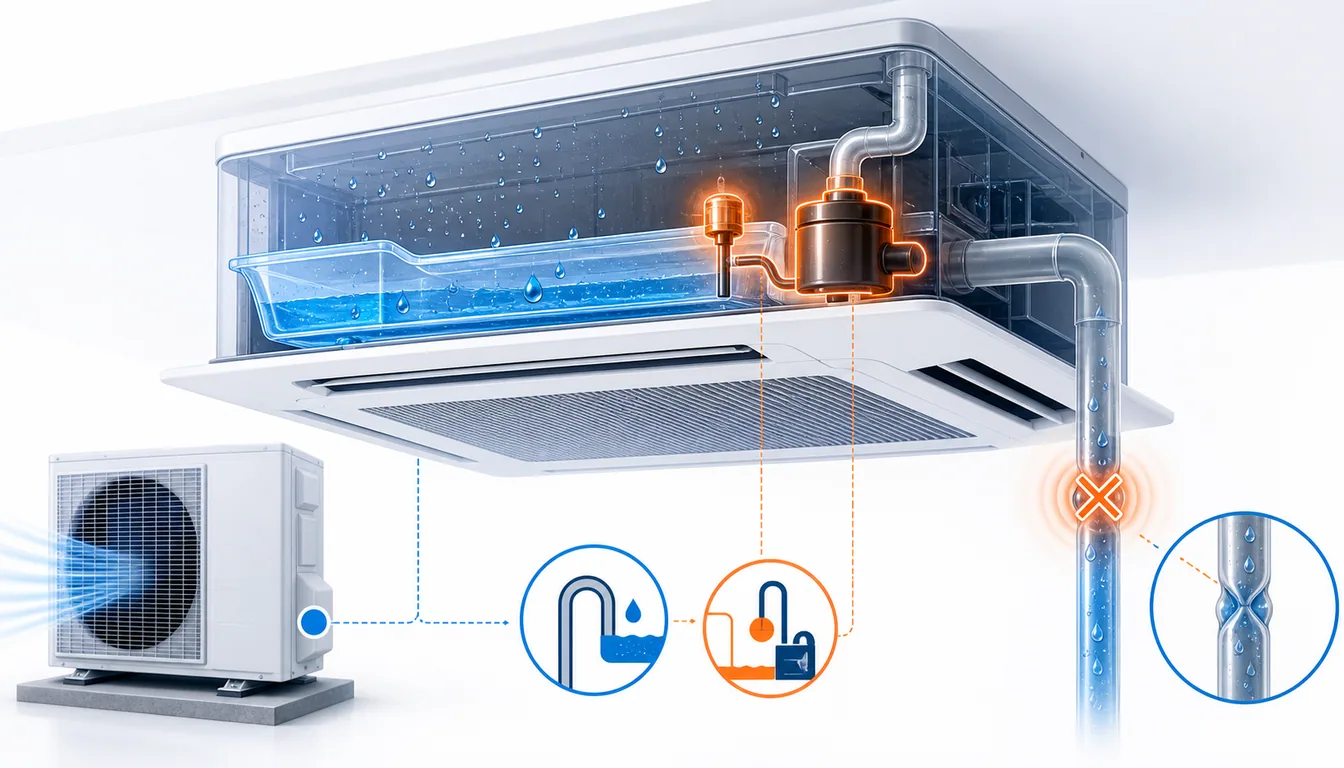 Schéma de diagnostic montrant une pompe de relevage ou évacuation des condensats Mitsubishi Mr Slim en anomalie.