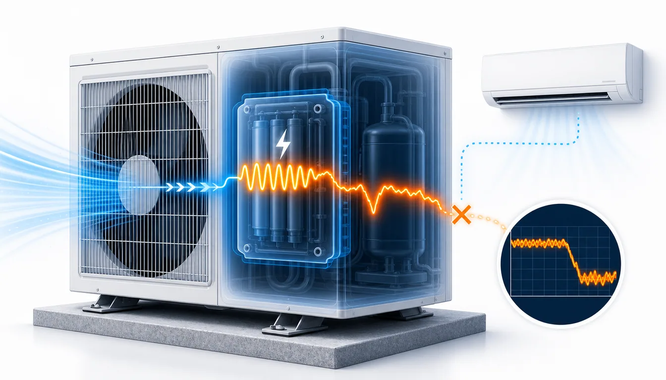 Schéma de diagnostic montrant une anomalie de tension du bus DC inverter sur une unité Mitsubishi Mr Slim.