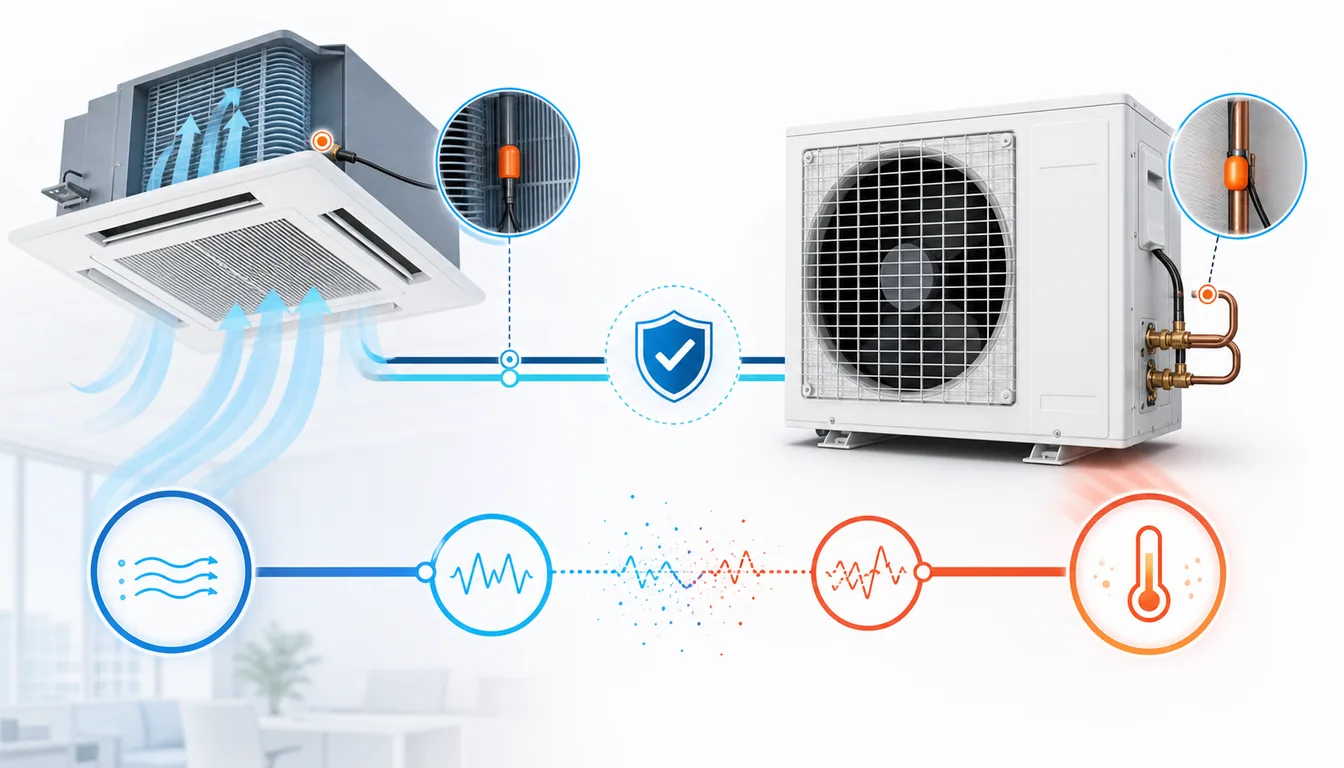 Schéma de diagnostic montrant une chaîne de thermistances Mitsubishi Mr Slim entre reprise d’air et refoulement compresseur.