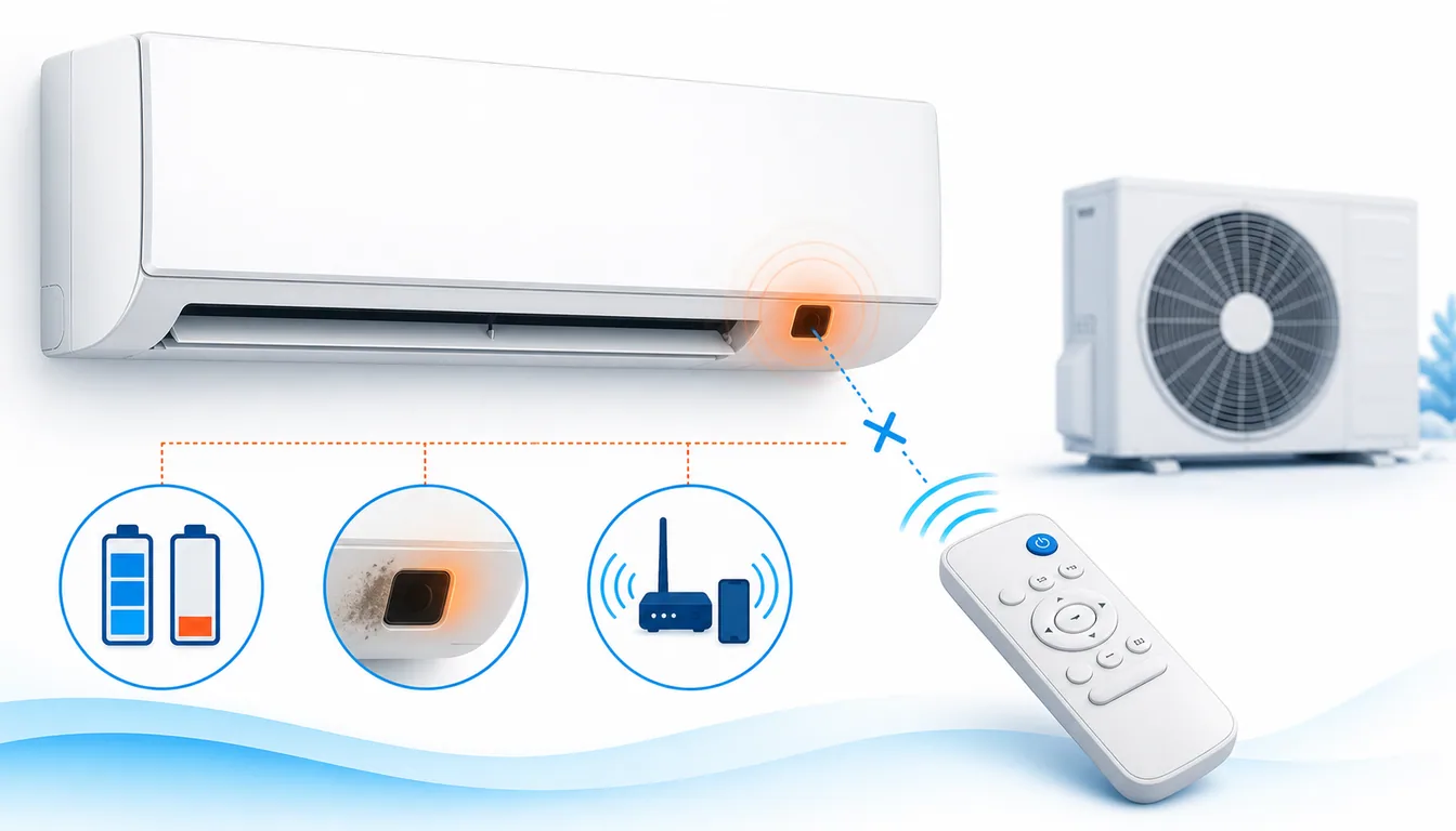 Schéma de diagnostic montrant une télécommande Toshiba résidentiel dont le signal IR n’atteint plus le récepteur intérieur.