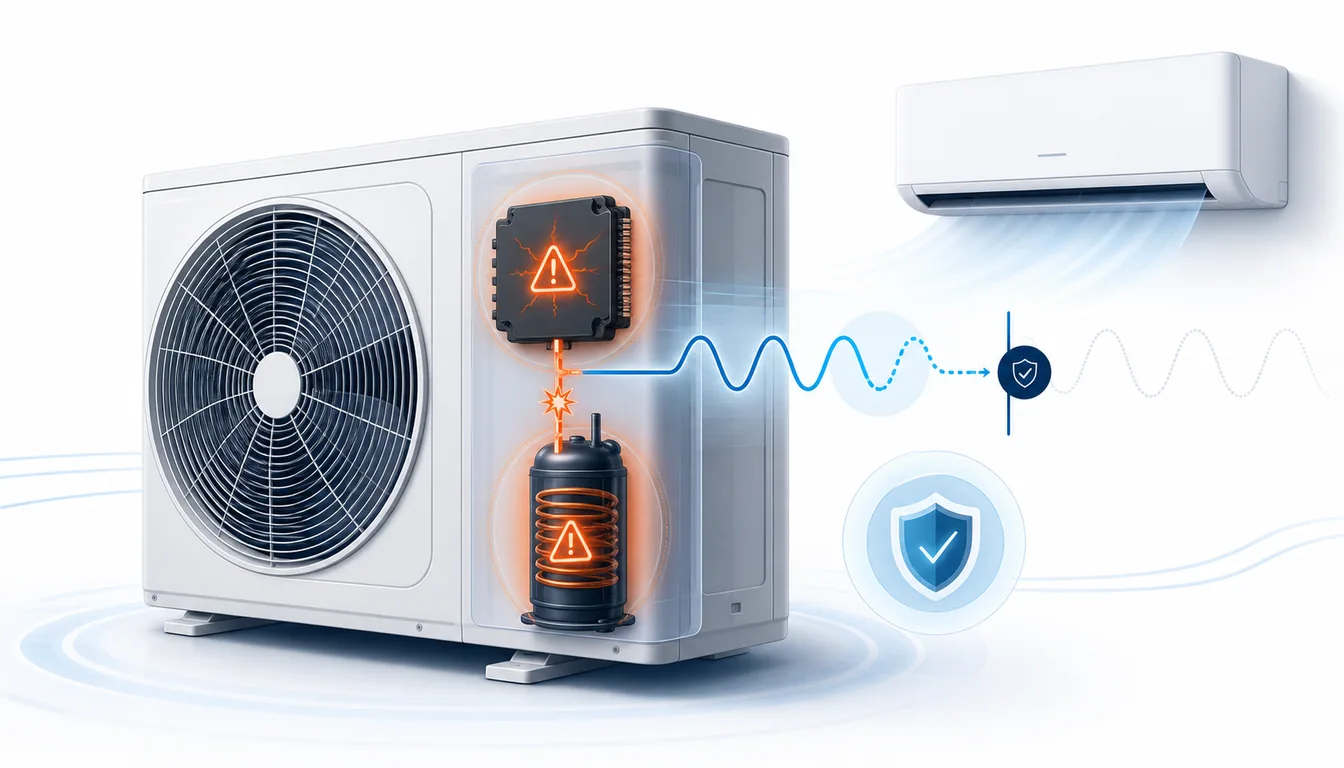Schéma de diagnostic montrant un module de puissance inverter Toshiba résidentiel en anomalie de courant compresseur.