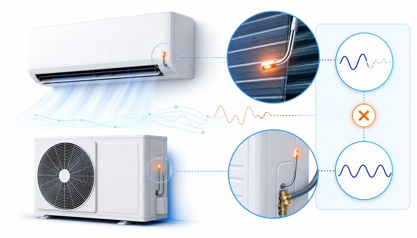 Schéma de diagnostic montrant une chaîne de sondes de température Toshiba résidentiel incohérente entre intérieur et extérieur.