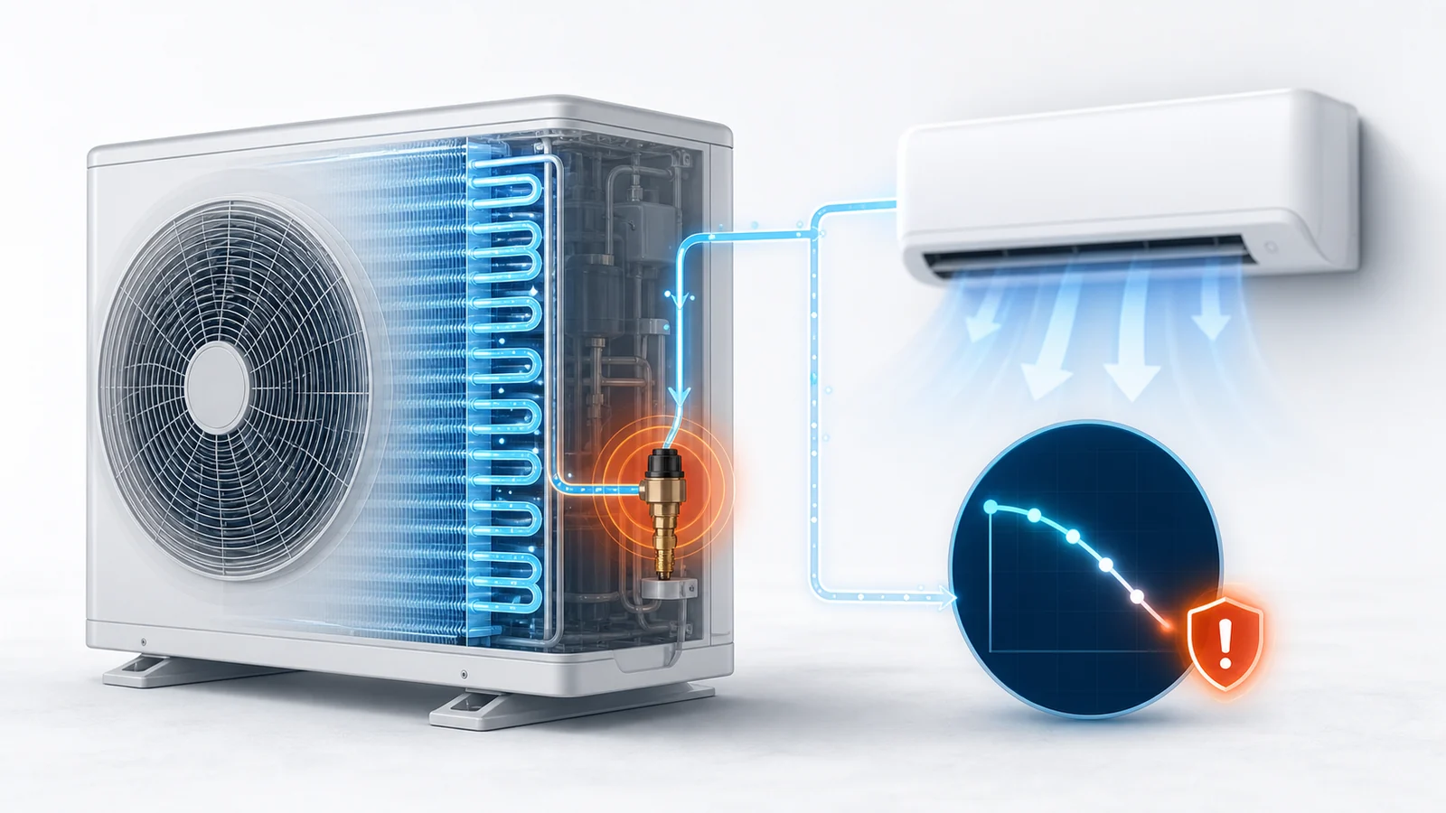 Schéma de diagnostic montrant une protection de pression frigorifique basse sur une climatisation split Toshiba résidentiel.