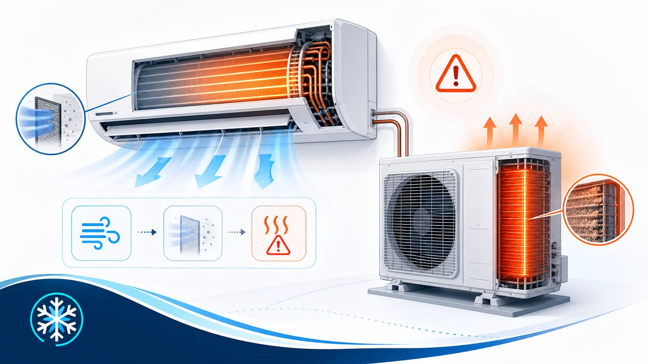 Schéma de diagnostic illustrant une protection de surchauffe échangeur sur une climatisation split Toshiba.